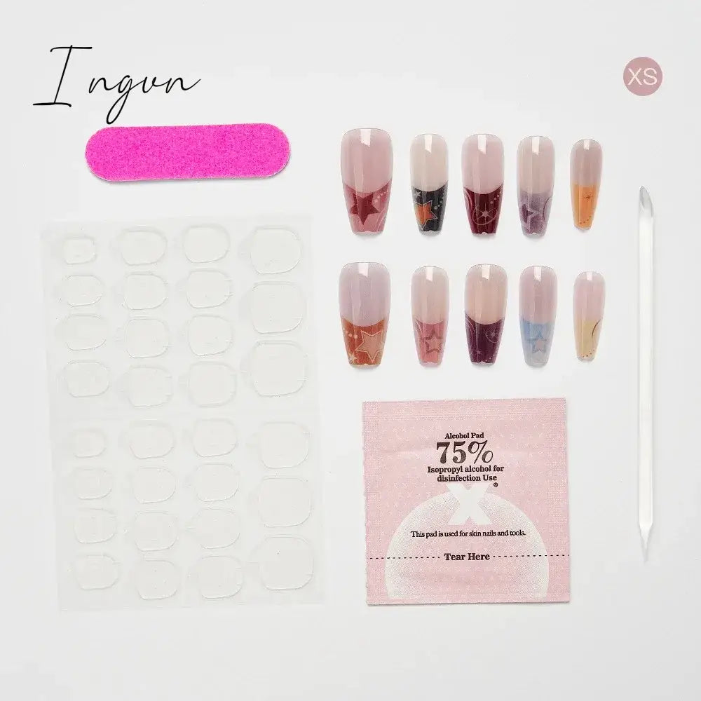 10PCS Chinese Style Fake Nails with Glue Sfumato Ink Long Nails Set Press on Acrylic Stick on False Nails Art