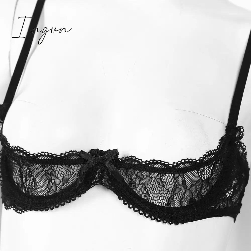 Ingvn - Women See Through Sheer Lace Hollow Out Lingerie Adjustable Spaghetti Shoulder Straps Open Cups Bra Push Up Underwire Bra Tops
