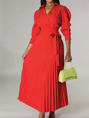 Solid Pleated Dress, Elegant Knotted V Neck 3/4 Sleeve Dress, Women's Clothing
