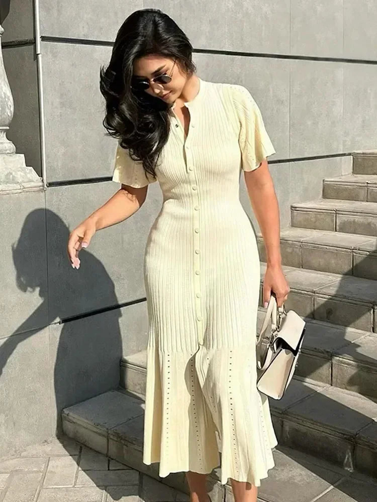 Elegant Women Hollow Out Knitted Maix Dress Short Sleeved Single Breasted Slim Dresses Fashion Solid Female Commuting Robes