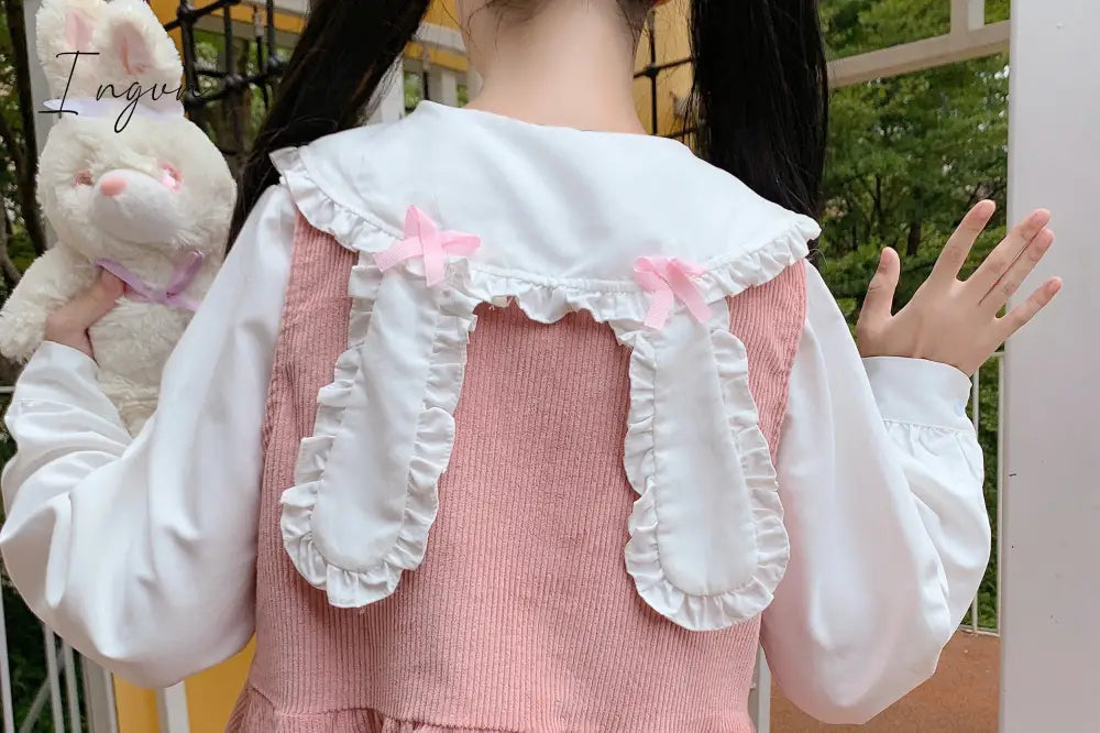 Ingvn - Japan Autumn Kawaii Lolita Two-piece Suit Cosplay Loli Bow Rabbit Ears Shirt Sweet Soft Girl Sleeveless Ruffles Suspender Dress