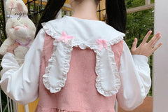 Ingvn - Japan Autumn Kawaii Lolita Two-piece Suit Cosplay Loli Bow Rabbit Ears Shirt Sweet Soft Girl Sleeveless Ruffles Suspender Dress