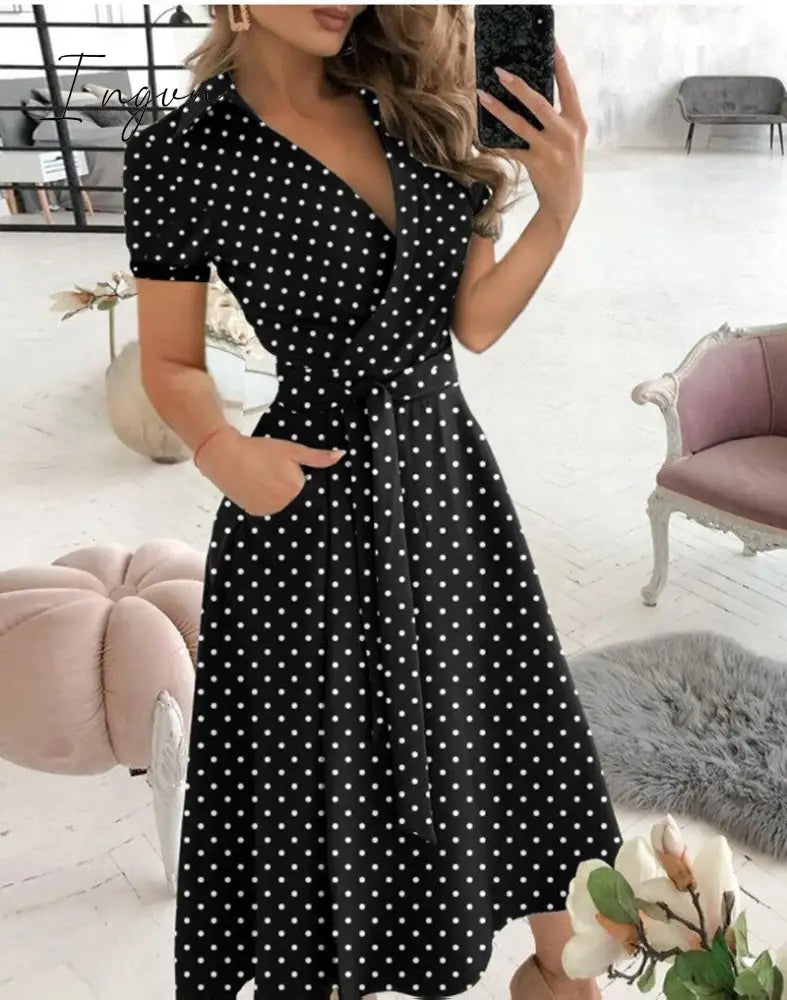 Ingvn - Spring and Summer Fashion New Party Dress Short-sleeved V-neck Retro Dress with Printed Belt