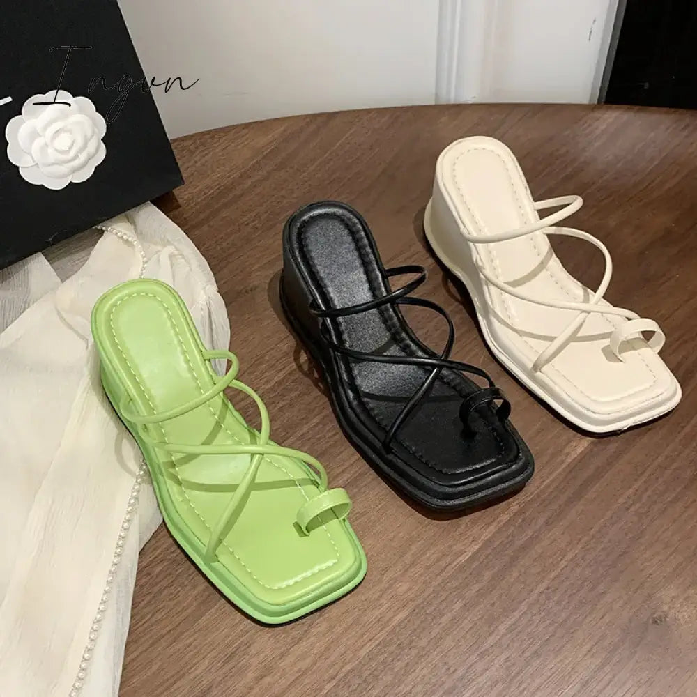 Ingvn - 2024 new fashion slope heel sandals female summer sandals wearing half slippers fairy strapping sandals female
