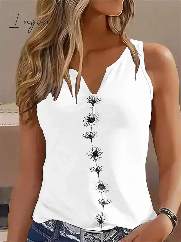 Ingvn - Women's Tank Top Black White Green Floral Print Sleeveless Casual Holiday Basic V Neck Regular Floral S