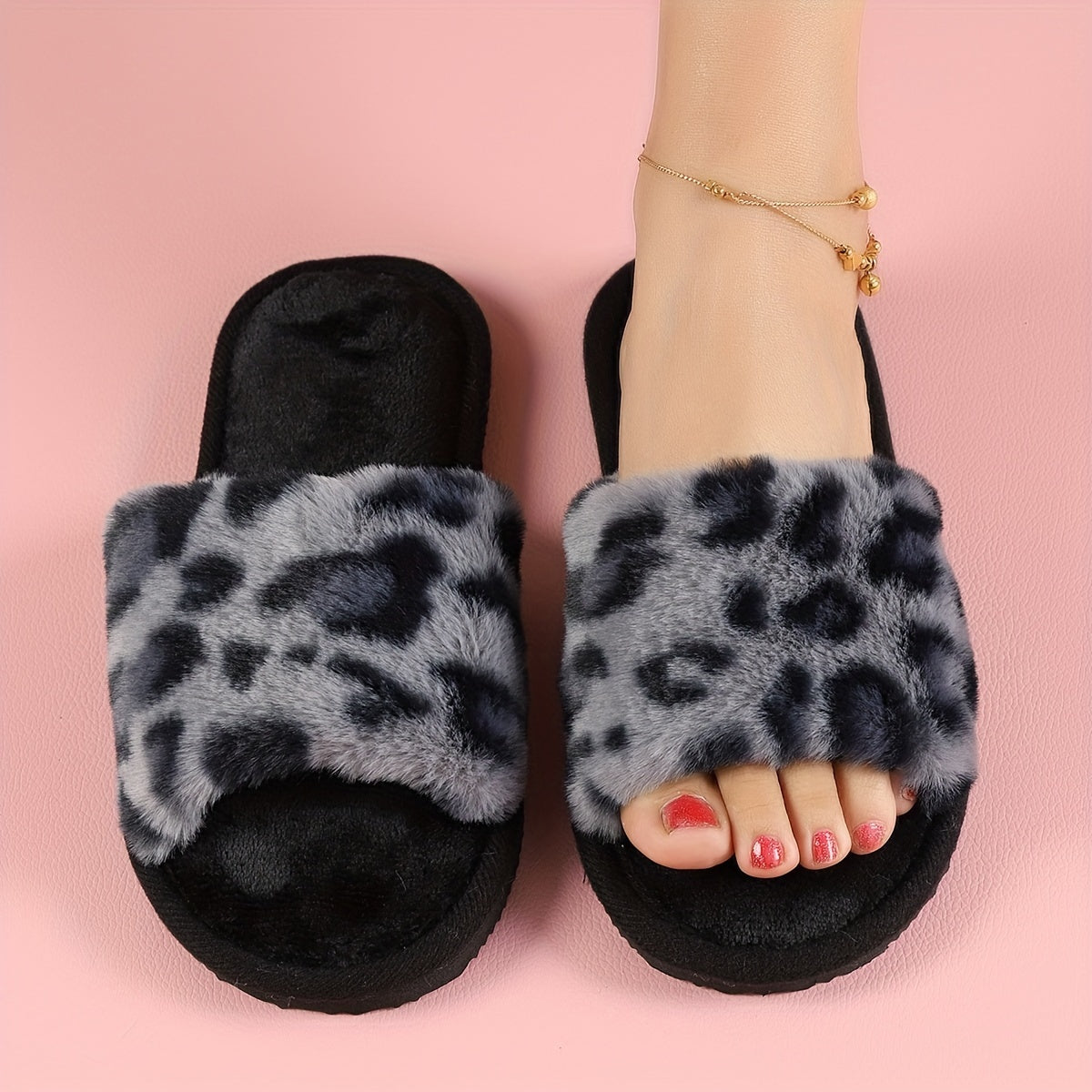 Cozy Leopard Print Plush Slippers for Women - Soft, Warm, Open-Toe, Slip-On Shoes with Fuzzy Fabric Upper and EVA Sole for Indoor Use - All-Season Comfortable Footwear for Relaxation