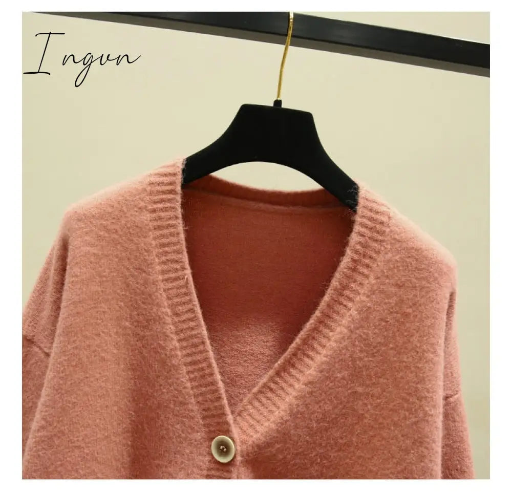Ingvn - Oversized Cardigan Women Spring Casual Solid V Neck Long Sleeve Cardigan Sweater Female Knit Jacket Coat Green Pink