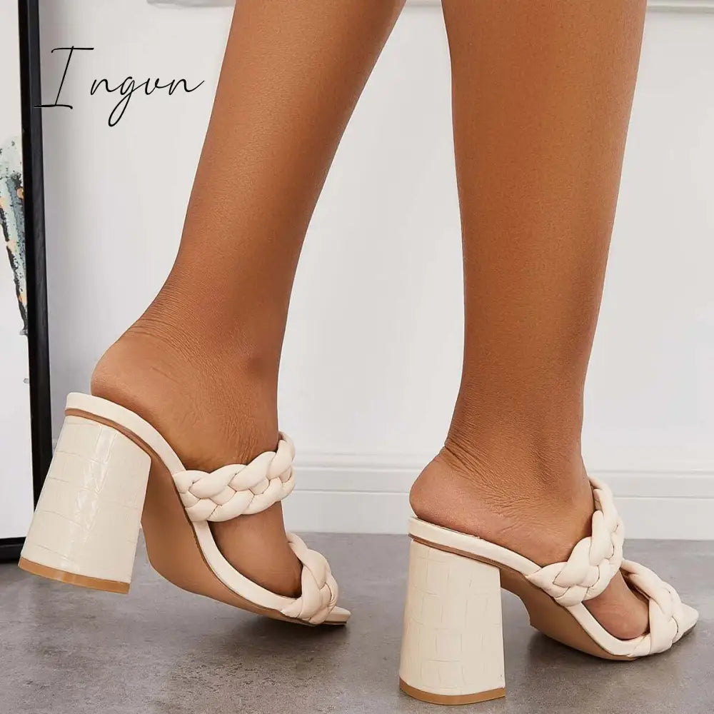 Ingvn - Square Toe Block High Heels Backless Slip on Mule Sandals