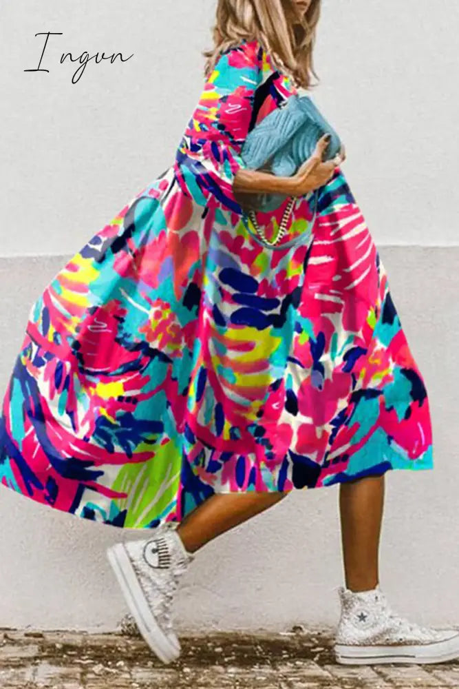 Ingvn - Casual Print Patchwork Turndown Collar Cake Skirt Dresses(11 Colors)