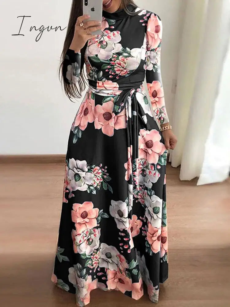 Ingvn - Women Summer Long Dress Casual Long Sleeve Boho Floral Print Maxi Dress Turtleneck Bandage Elegant Party Dresses Vestidos