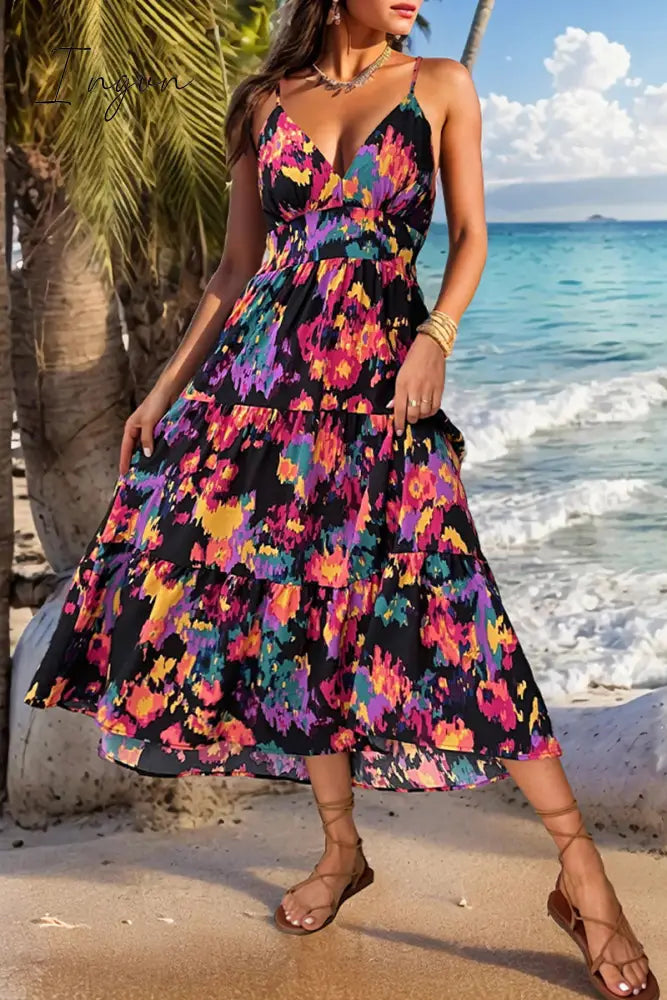 Ingvn - Sexy Print Backless V Neck Sling Dress Dresses