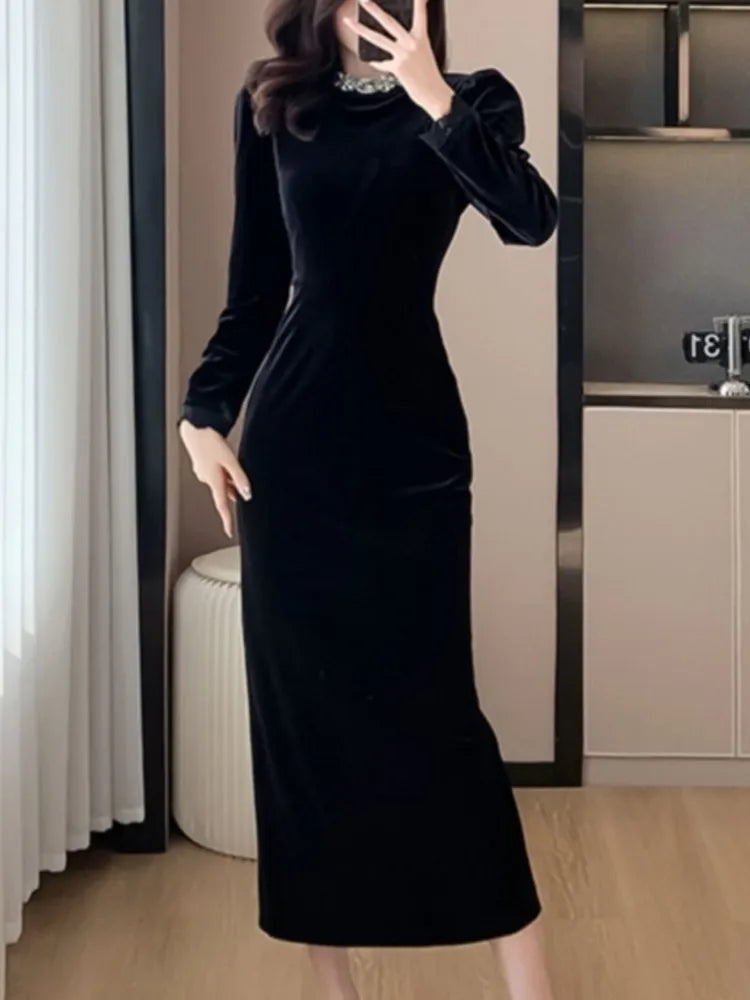 Autumn Velvet Slim Dress for Women Elegant Long Sleeve Diamond-encrusted Evening Party Robe Solid One Piece Casual Clothes New