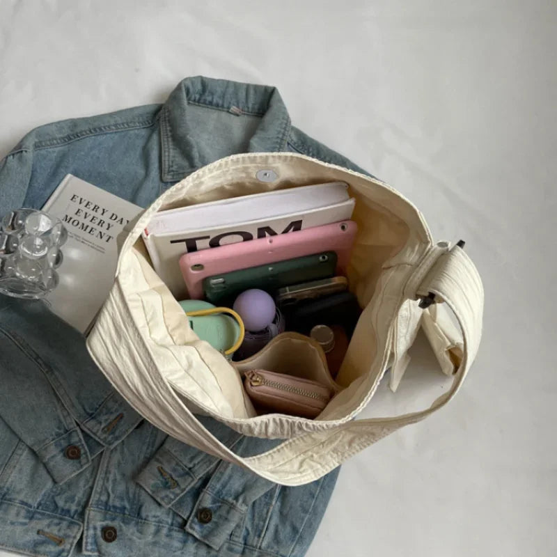 Ingvn  Low-Key Pure White Women Ruched Shoulder Bag Exquisited Nylon Pretty Versatile Crossbody Leisure Commuter Composite Bag