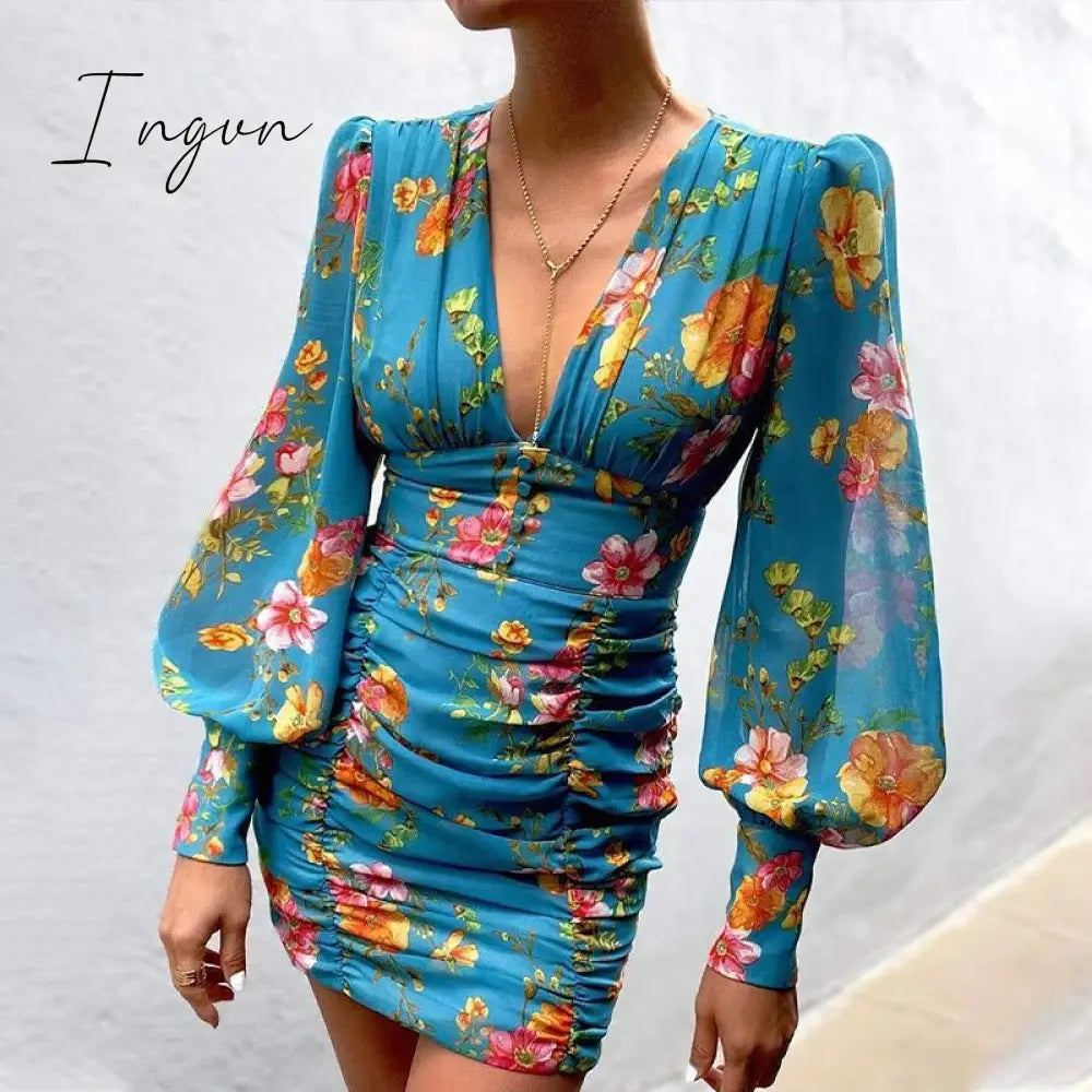 Ingvn - Women Sexy Deep V Neck Floral Print Long Lantern Sleeve Ruched Dress Summer Elegant Female Bodycon Party Dress Vestido