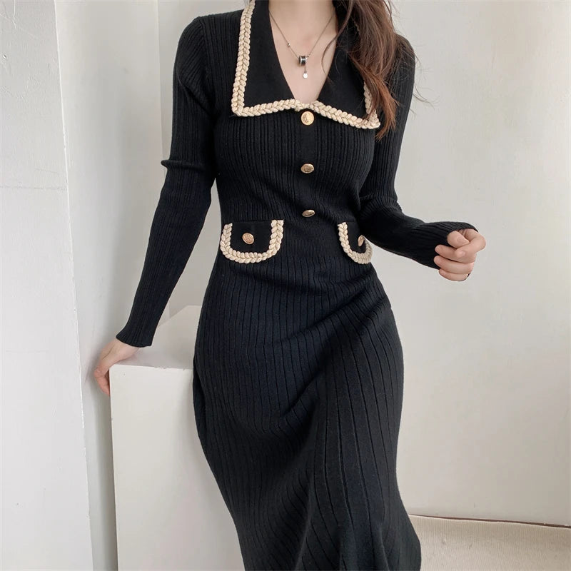 Autumn Elegant Knitted Dress for Women Fashion Single Breasted Slim A Line High Waist One Piece Female Korean Clothes Winter New