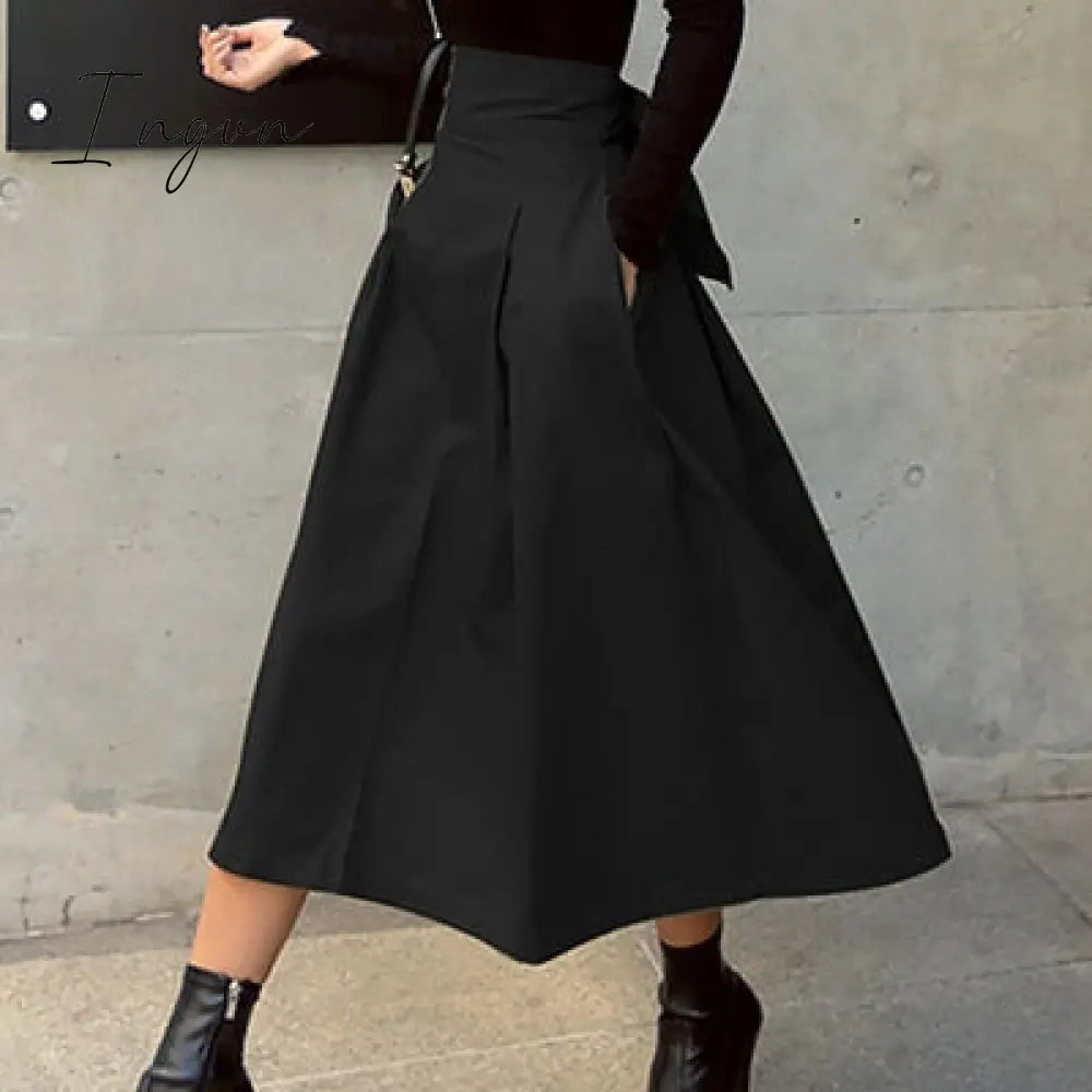 Ingvn - Spring Outfits Trends Skirts Womens Korean Fashion Solid Color Big Swing Ladies Skirt Long Skirt Autumn Wild High Waist Bow Slim Skirts