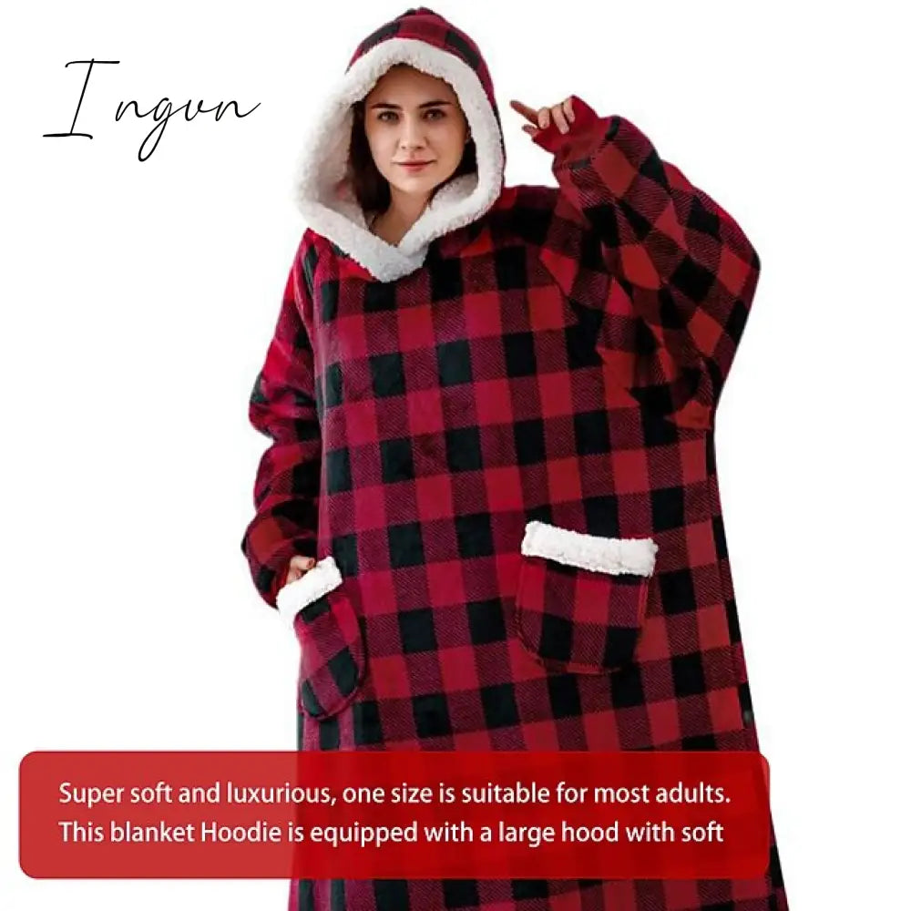 Ingvn - Oversized Wearable Blanket Flannel Thick Soft Warm Long Hoodie Blanket Big Hooded Sweatshirt Hoodie Blanket for Adults Women Girls Teenagers Teens Men Black