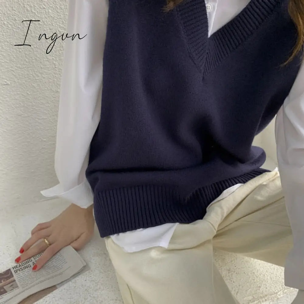 Ingvn - Autumn Women's Sweater Vest V-neck Sleeveless Irregular Casual Loose Knitted Pullover Tops Female Outerwear