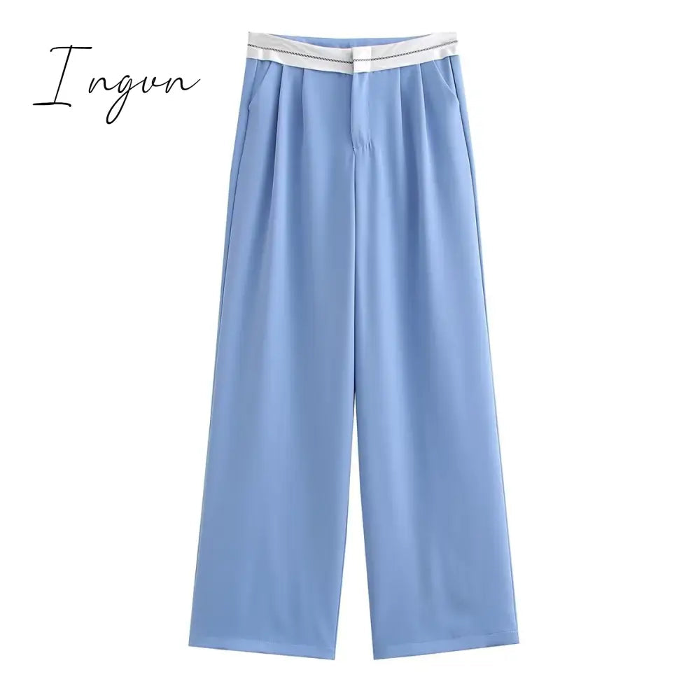 Ingvn - 2023 Women Fashion Side Pockets Patchwork Straight Pants Vintage High Waist Zipper Fly Female Casual Trousers Mujer