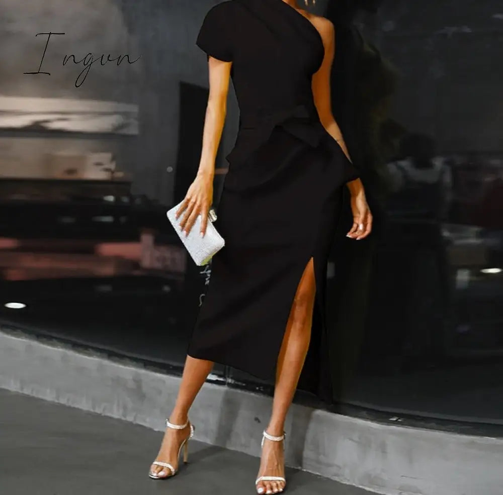 Ingvn - One Shoulder Ruched Irregular Party Dress Office Lady Look Women Dress