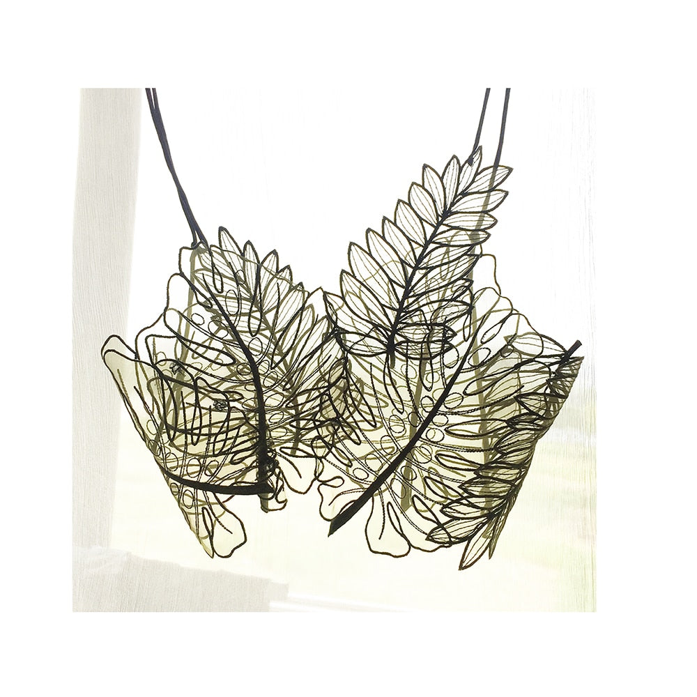 Voguable  Women Tank Top Green Transparent Outfit Camisole  Sexy Embroidered Tanks Organza Leaves Sexy Crop Top