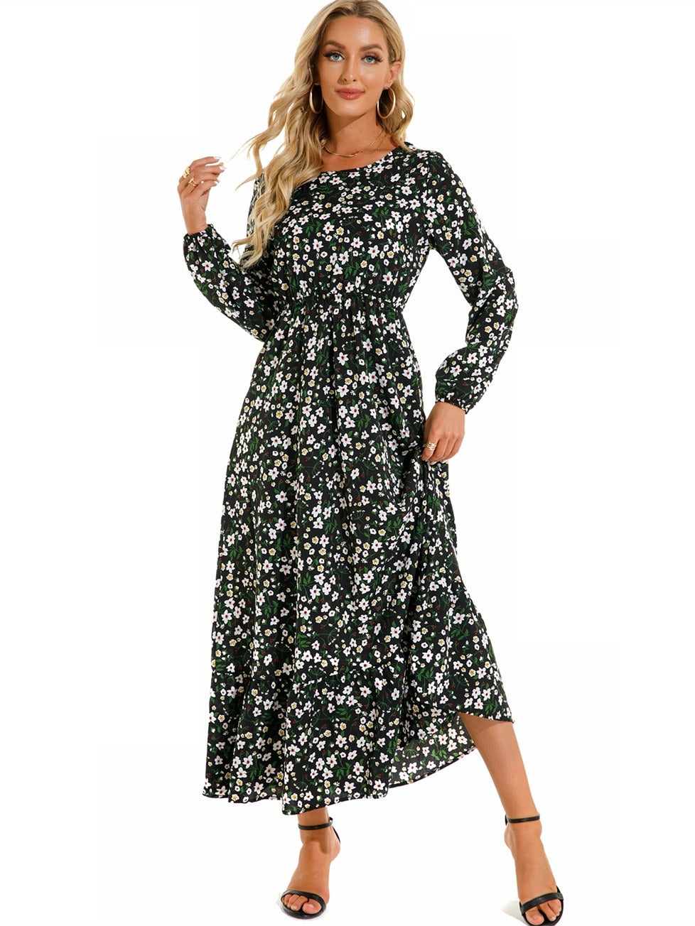 Vibrant Floral Print Long Sleeve Crew Neck Ruffle Dress - Flowy, Bohemian Chic, Casual, Comfortable, Women's Long Dresses for Daily Wear - Perfect for Spring, Summer, and Autumn Seasons