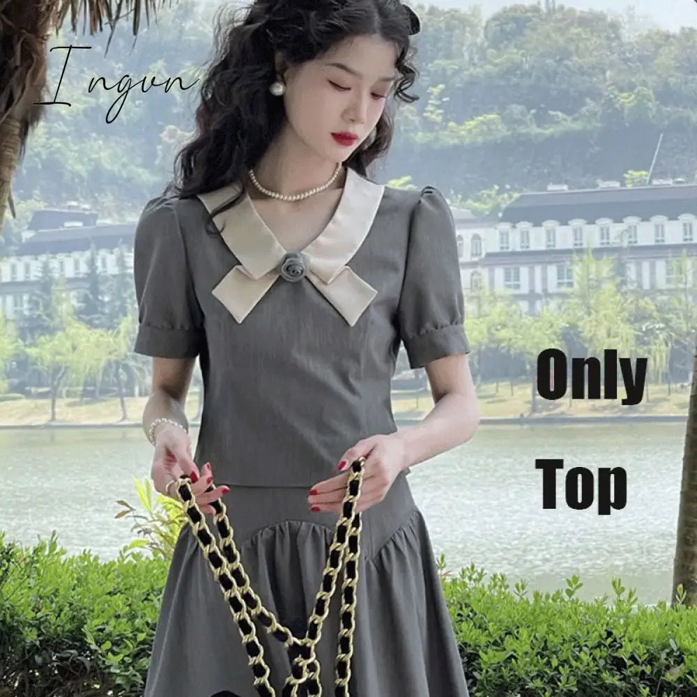 Ingvn - Summer Retro Two Piece Women Skirt Sets Sweet Outifits Puff Sleeve Crop Top+A Line Midi Skirts Korean Fashion Hepburn Dress Suit