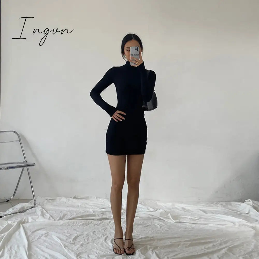 Ingvn - Autumn Fashion Sexy Solid Turtleneck Skinny Mini Dress Women Rib Knit Keep Warm Long Sleeve Slim Dress Streetwear