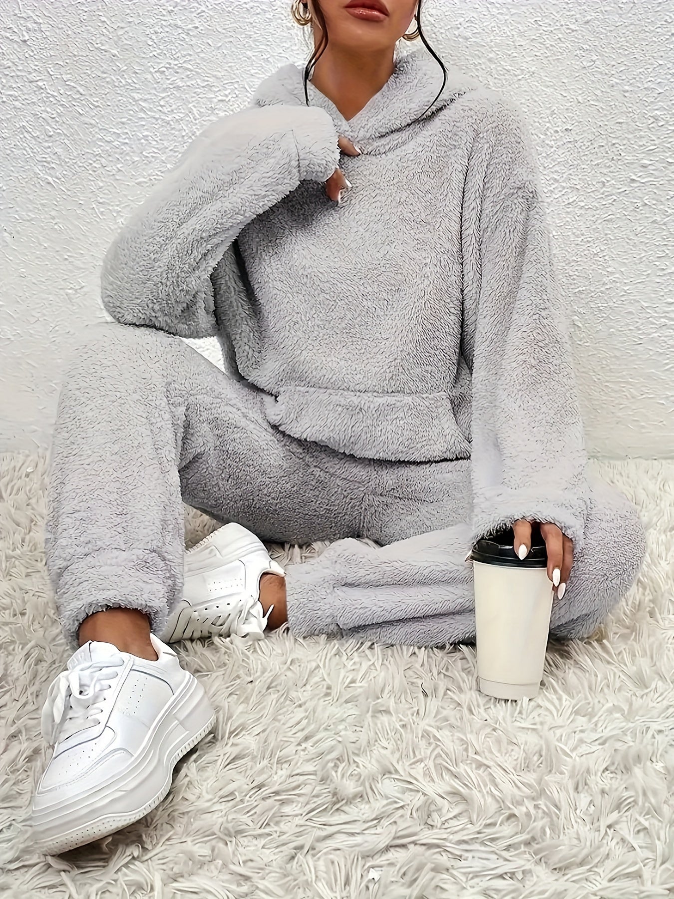 Solid Teddy Two-piece Set, Long Sleeve Kangaroo Pocket Hooded Tops & Long Length Warm Pants Outfits, Women's Clothing