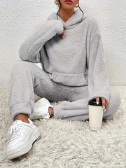 Solid Teddy Two-piece Set, Long Sleeve Kangaroo Pocket Hooded Tops & Long Length Warm Pants Outfits, Women's Clothing