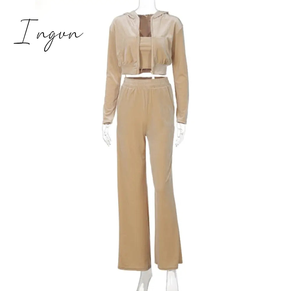 Ingvn - Velvet Women 3 Piece Set Hoodie Sweatshirt Zipper Tube Crop Top High Waist Wide Leg Pants Tracksuit Sporty Casual Outfit
