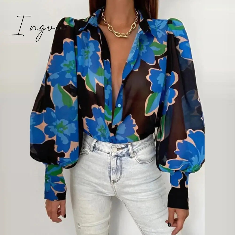 Ingvn - Spring Fashion Women Shirt Lantern Long Sleeves Casual Solid Color Printed Slim Buttons V Neck Blouse Commute High Street Shirts