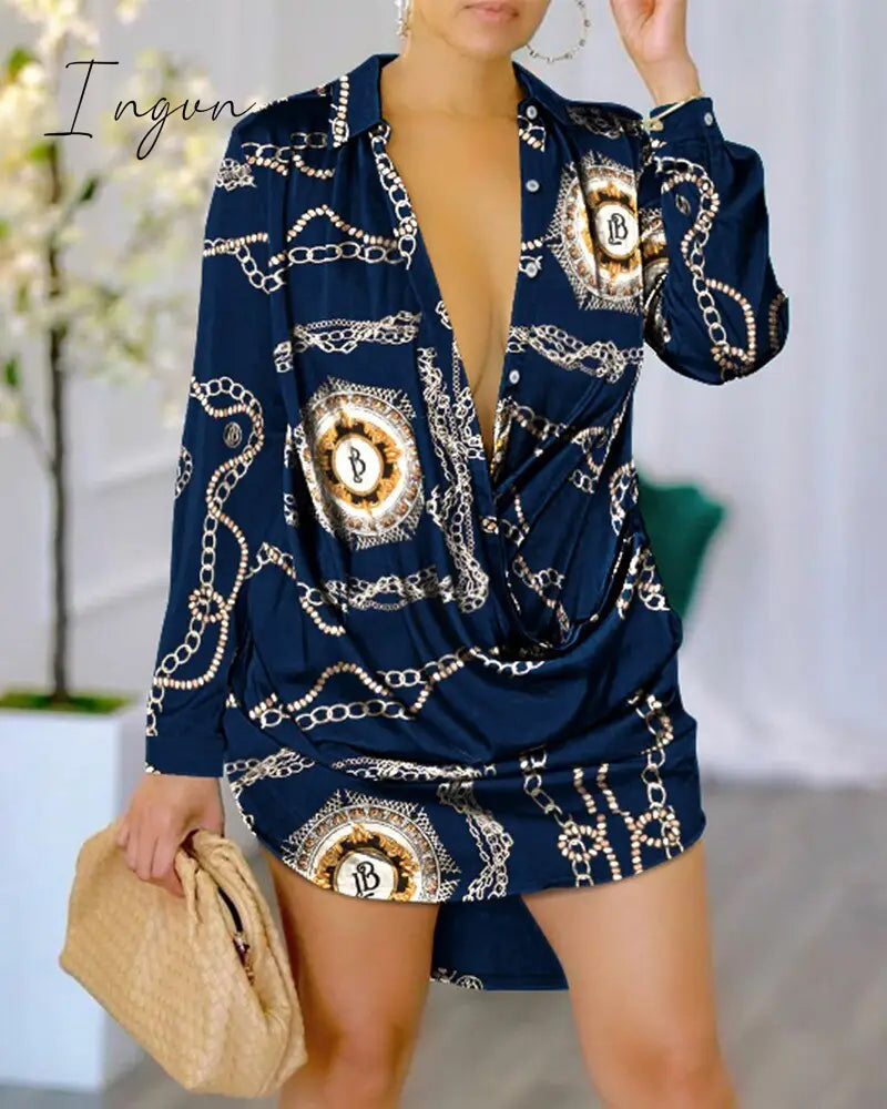 Ingvn - Fall Ladies Dress Fashion Sexy Printed Long Sleeve Shirt Casual Workplace Temperament Elegant Ladies Shirt Dress