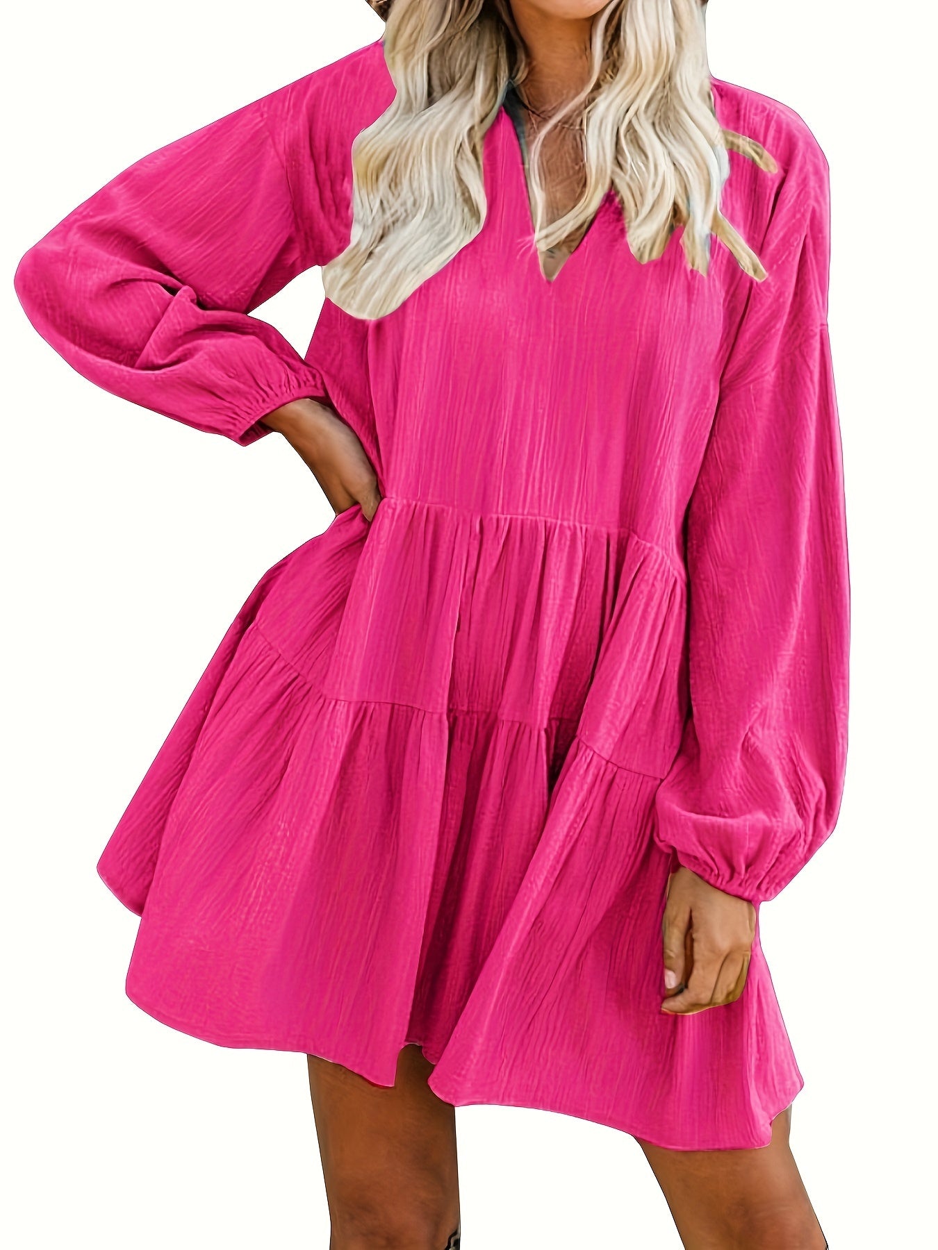 Long Sleeve Solid Color V Neck Loose Babydoll Dress, Casual Ruffle Hem For Spring & Fall, Women's Clothing
