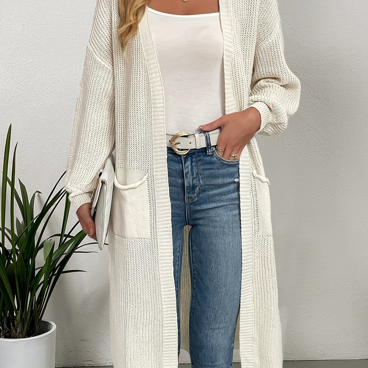 Elegant Warm Knit Cardigan for Women - Solid Color, Long Sleeve & Length, Durable and Cozy for Fall/Winter