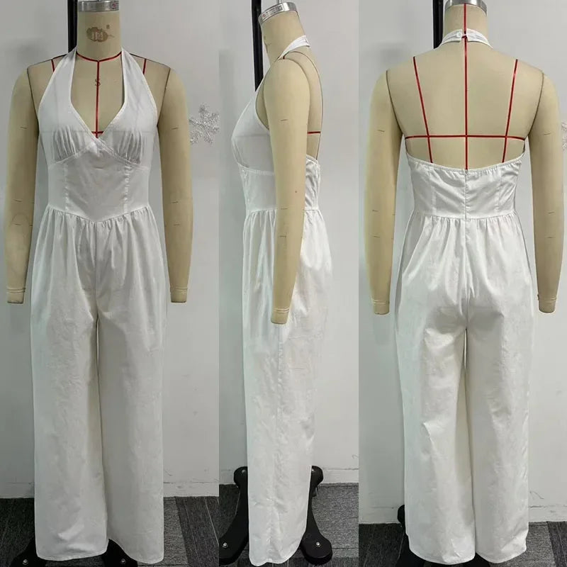 Sexy Halter Backless Wide Leg Jumpsuit Woman Sleeveless V-neck Elegant Romper Corset High Waist One Pieces Overalls Club Outfits