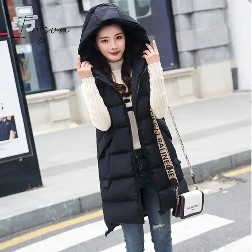 Ingvn - New Women's Vest Jacket Down Cotton Vest Autumn Winter Jacket Hooded Long Coat Sleeveless Loose Female Waistcoat Snow Wear