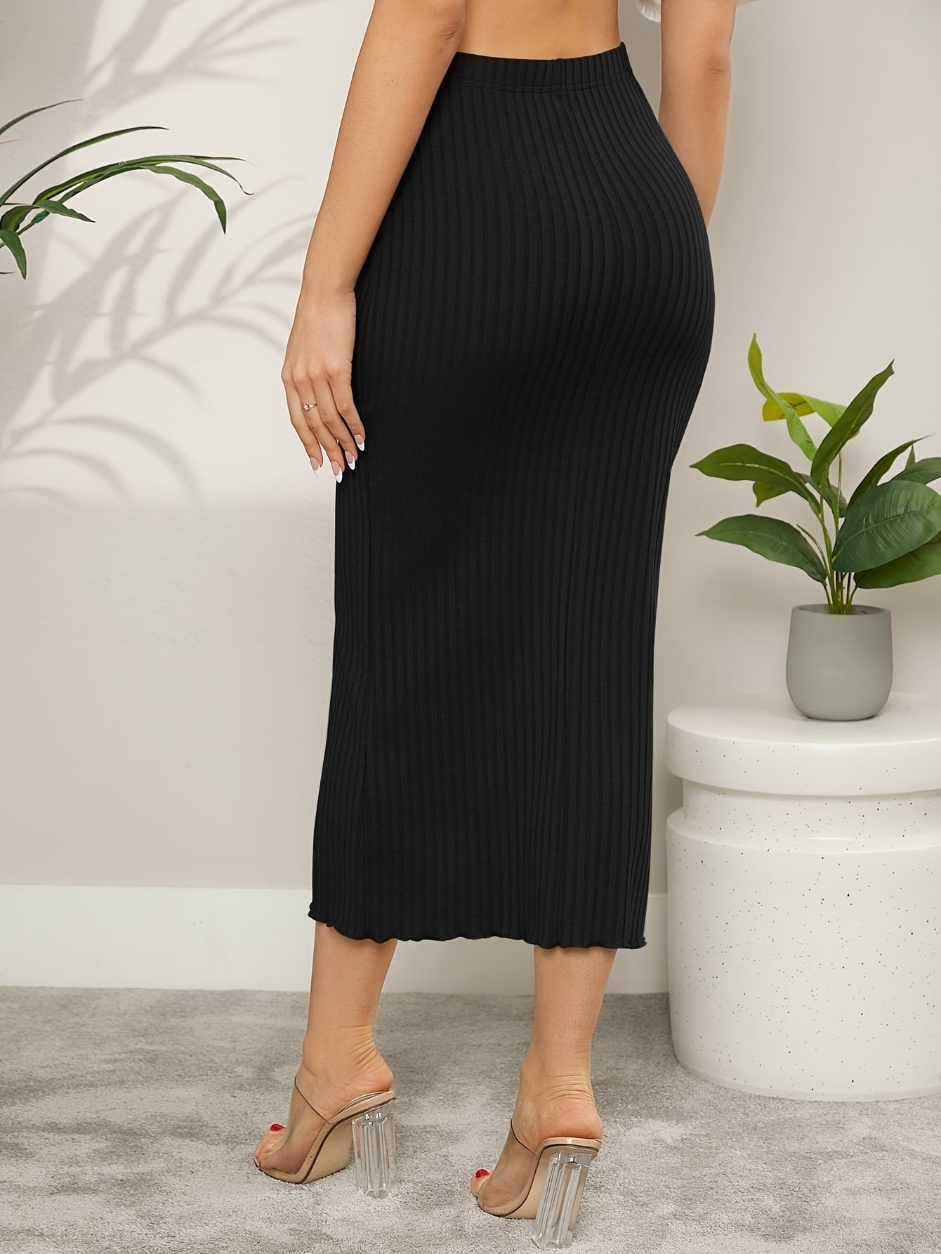 Women's Elegant Midi Skirt - Rib Knit, Chic Lettuce Hem, Non-Sheer - Versatile for Spring/Summer/Fall
