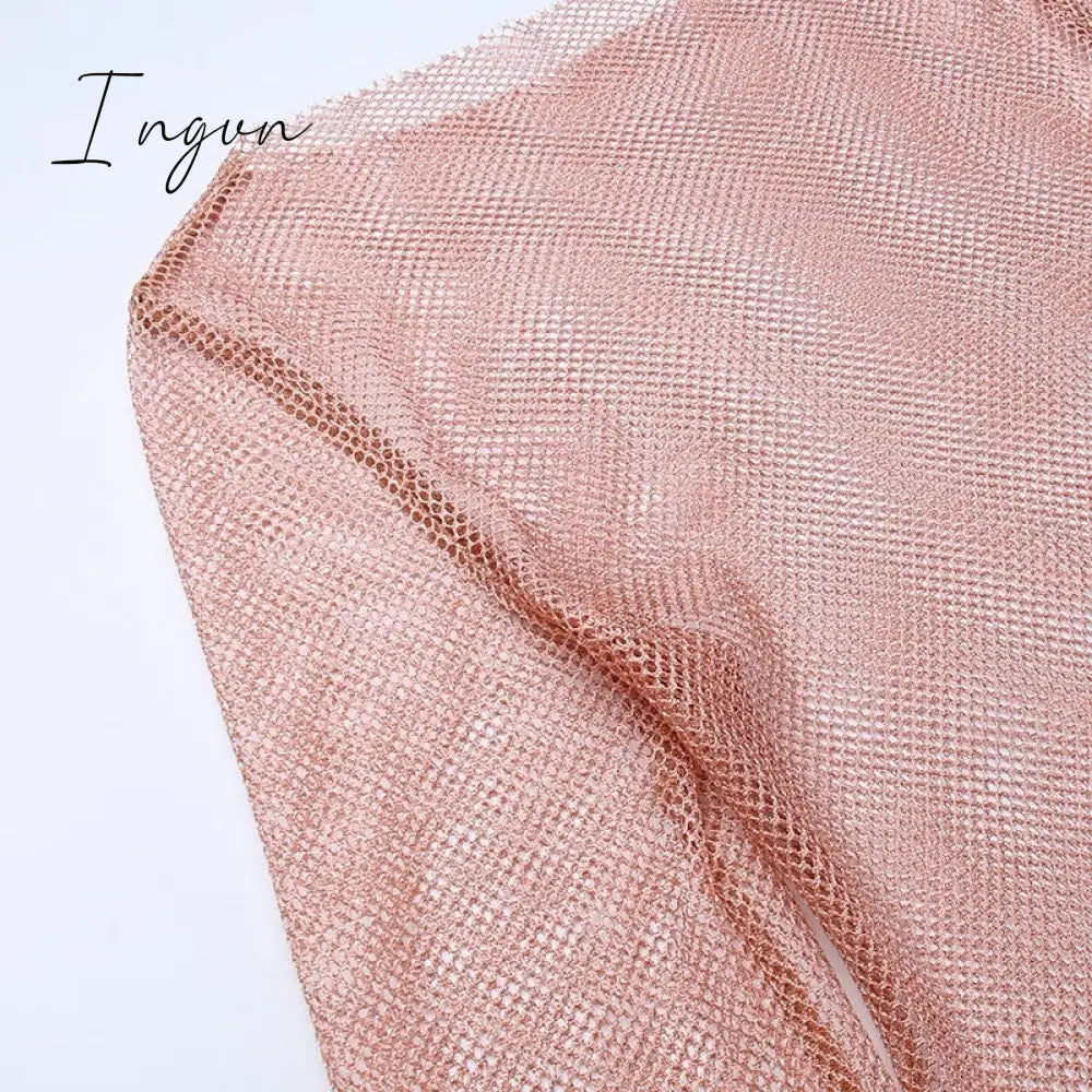 Ingvn - Round Collar See Through Dress Women Sexy Long Sleeve Elegant Female Clubwear Solid Mesh Tassel White Feather Mini Dress