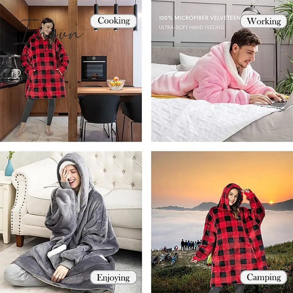 Ingvn - Women‘s Couple‘s Pajamas Nightgown Hoodie Blanket Wearable Blanket Christmas Grid / Plaid Pure Color Plush Simple Comfort Home Party Fleece Warm Gift Patchwork Pocket Fall Winter Black Gray
