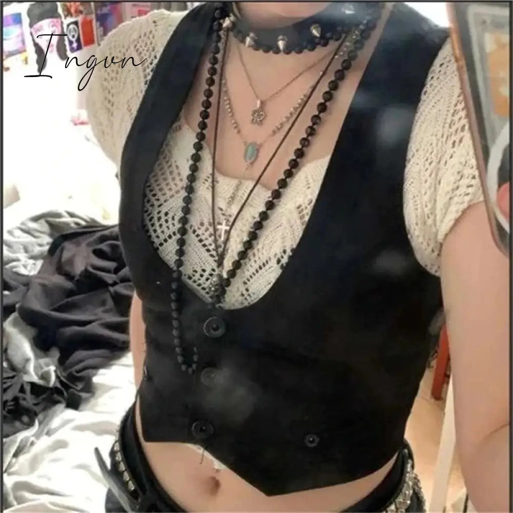 Ingvn - y2k Button Corset Top Black Sleeveless Tank Tops Skinny V Neck Aesthetic Punk Crop Top Grunge Fairycore Women Vests