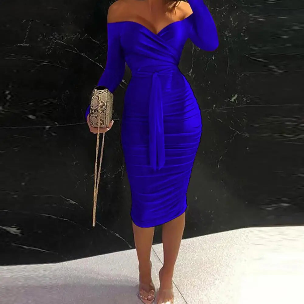 Ingvn - Women Clothing Asymmetric Collar High Waist Robe Slit Dress Chic Solid Short Sleeve Elegant Fashion Prom Banquet Dress New