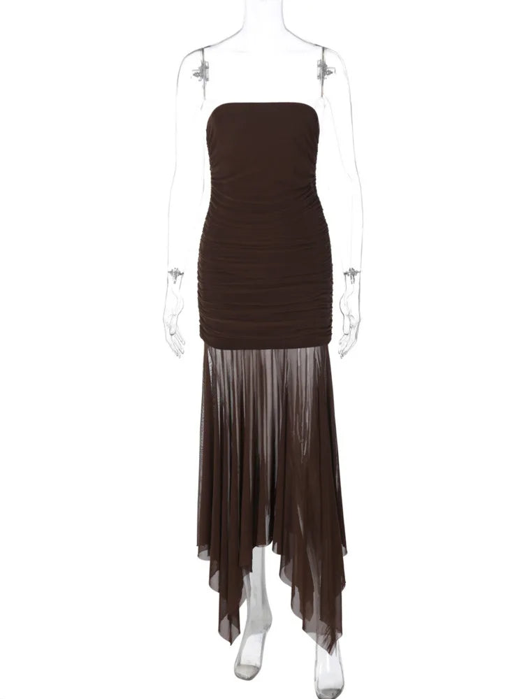 Off-shoulder Strapless Sexy Maxi Dress For Women Borwn Sleeveless Backless High Waist Bodycon Club Long Dress Elegant