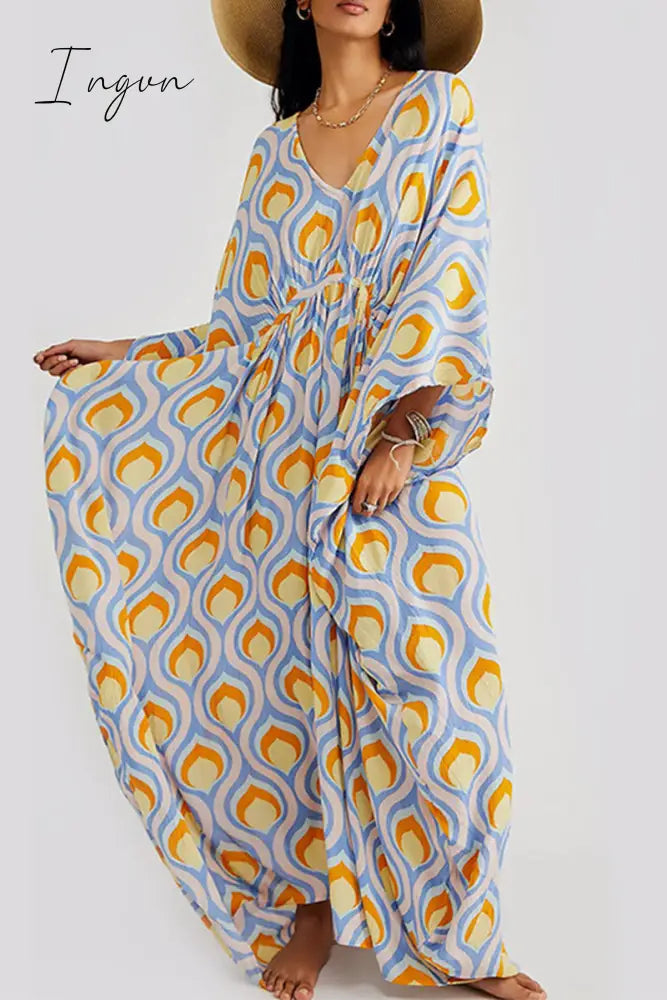 Ingvn - Vintage Vacation Geometric Print Contrast Swimwears Cover Up