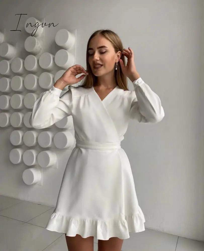 Ingvn - Casual Ruffle Mini Dress Ladies Elegant Long Sleeve V-Neck Party Dress New Fashion Solid Sweet Spring Dresses Women Clothes