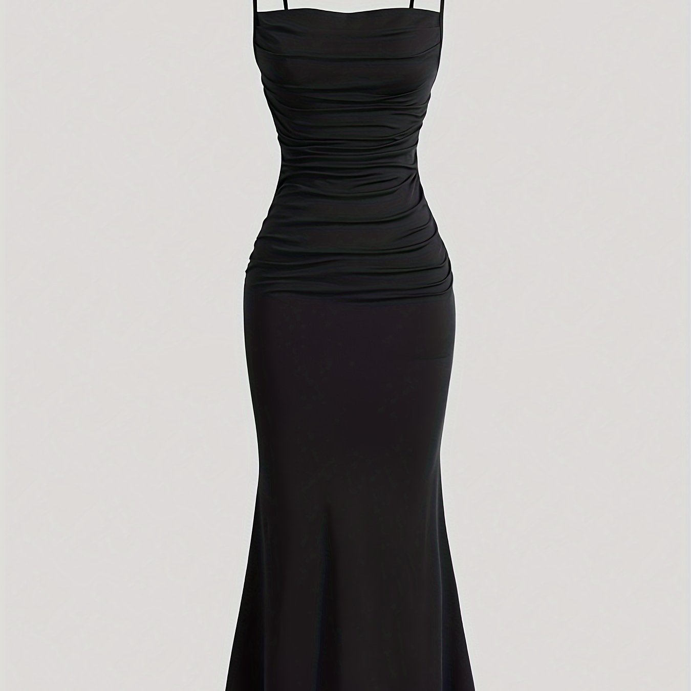 Sexy Fit and Flare Mermaid Hem Dress - Spaghetti Strap, Micro Elasticity, Ruched Front, Solid Color, Polyester, Machine Washable - Perfect for Summer and Spring, Womens Clothing