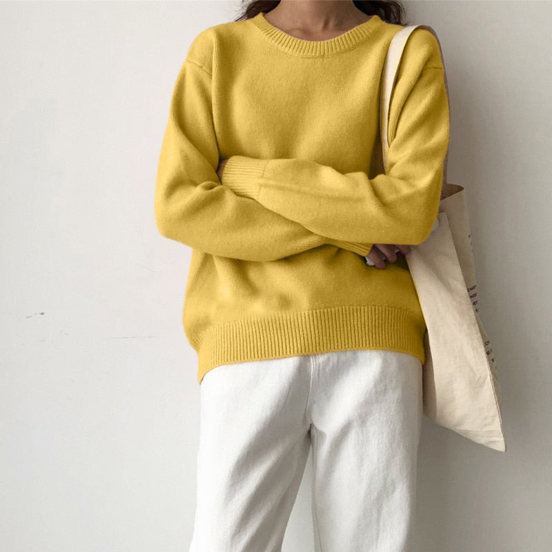 Voguable Elegant Women Sweater Oversized Knitted Basic Pullovers O Neck Loose Soft Female Knitwear Jumper