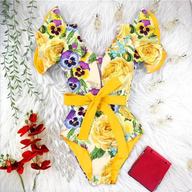 New Sexy Ruffle Print Floral One Piece Swimsuit Off The Shoulder Swimwear Women Solid Deep-V Beachwear Bathing Suit Monkini