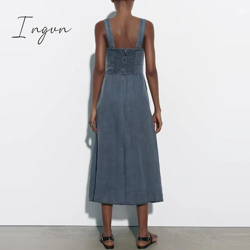 Ingvn - Long Dress Woman Solid Linen Sleeveless Frilly Dresses Woman Summer Party Dress Female 2023 Midi Dresses