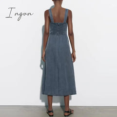 Ingvn - Long Dress Woman Solid Linen Sleeveless Frilly Dresses Woman Summer Party Dress Female 2023 Midi Dresses